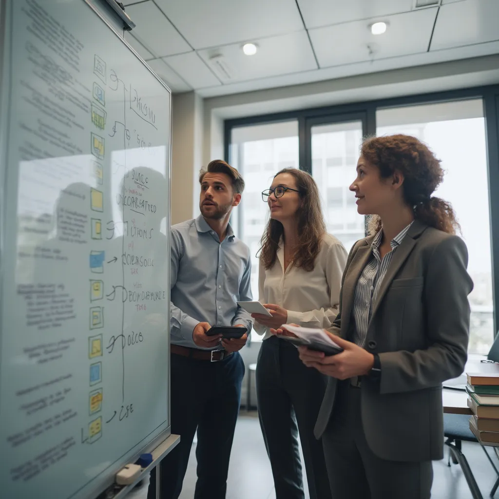 Professionelles Team bespricht Finanzdaten am Whiteboard